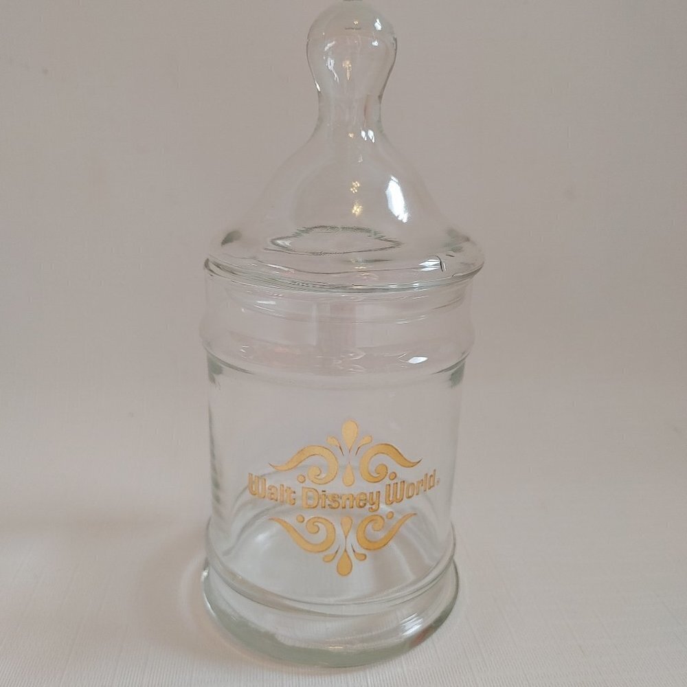 Vintage WALT DISNEY WORLD Glass Gold Lettered Apothecary Candy Jar WDW